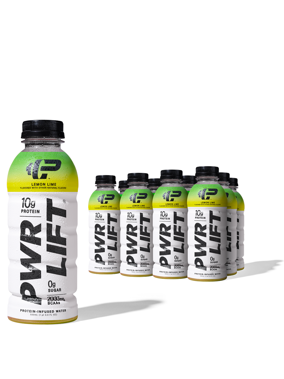 A bottle of PWR LIFT Lemon Lime in the forefront with rows of the same in the background