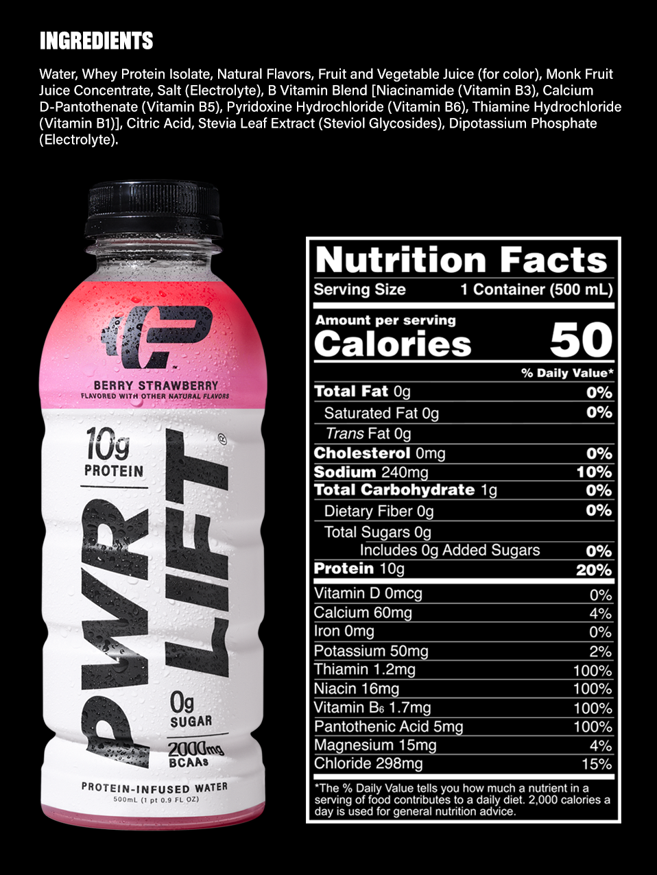 PWR LIFT Berry Strawberry Ingredients and Nutritional Facts table 