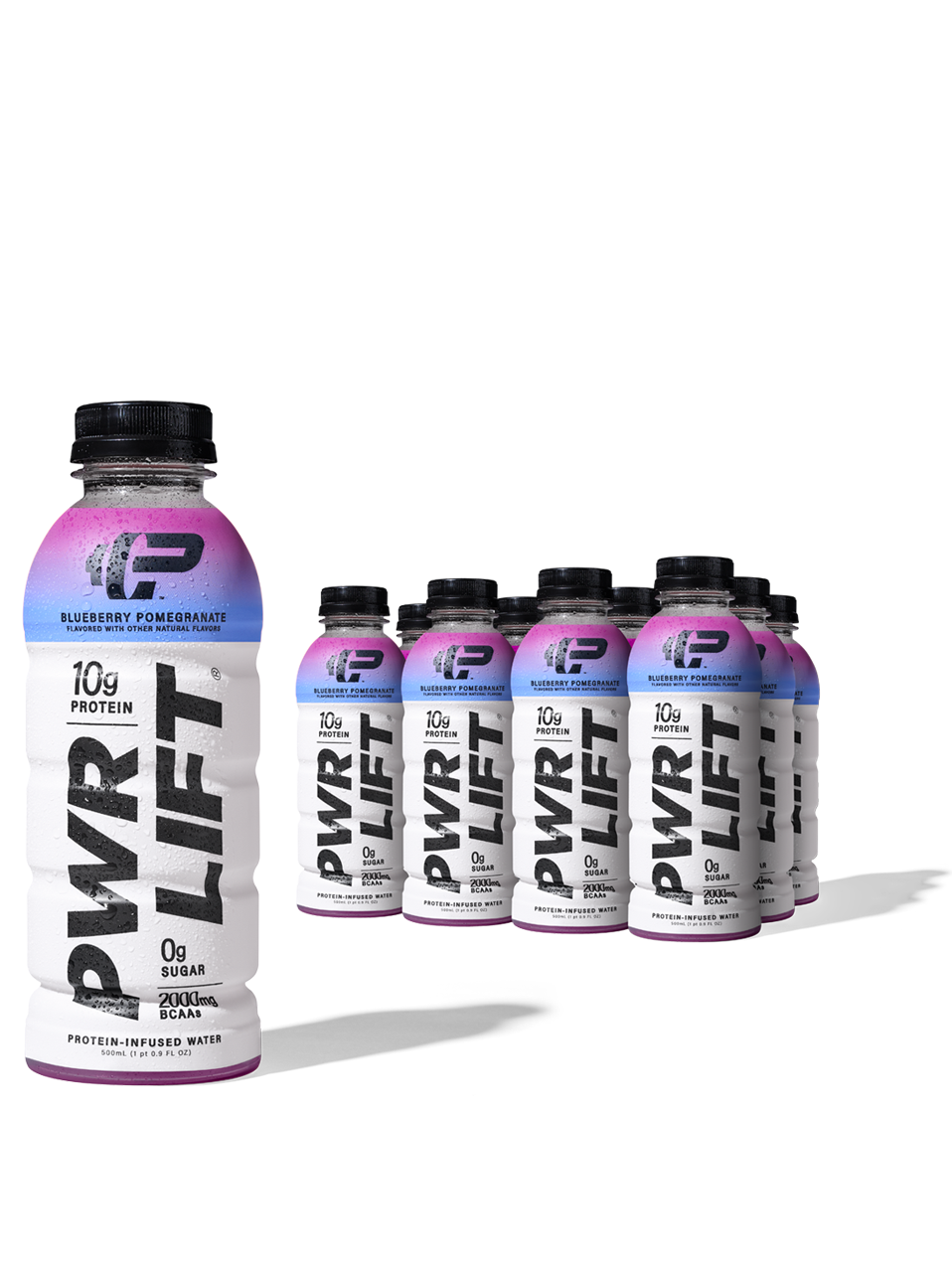 A bottle of PWR LIFT Blueberry Pomegranate in the forefront with rows of the same in the background