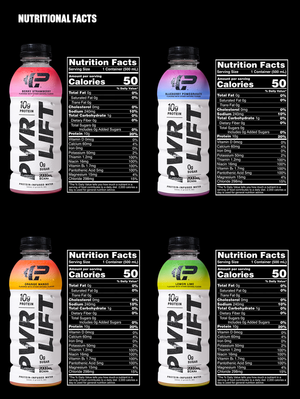Nutritional facts tables for each of the 4 flavors of PWR LIFT in a 2x2 grid layout