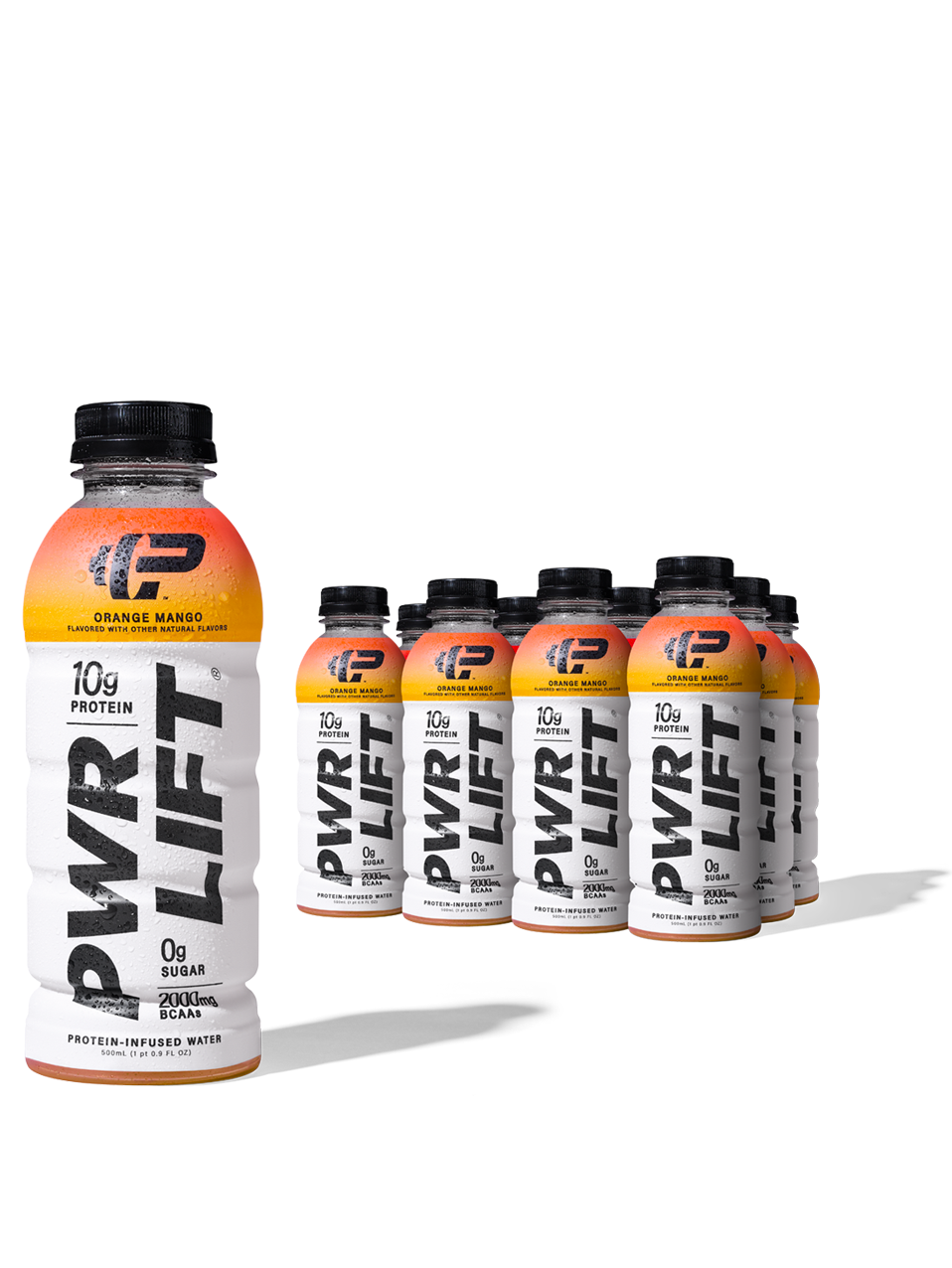 A bottle of PWR LIFT Orange Mango in the forefront with rows of the same in the background