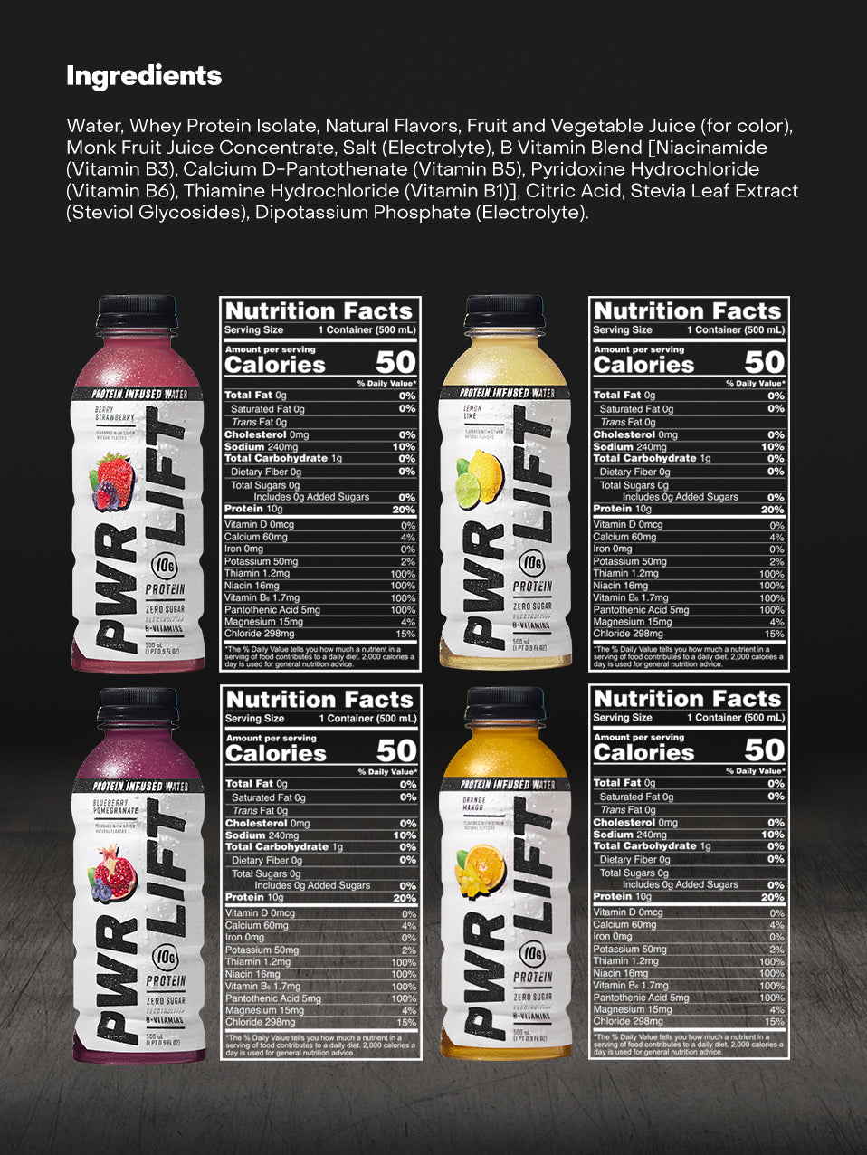 Ingredients and Nutrition facts grid 2x2 for each of the PWR LIFT flavours 