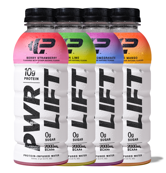 4 bottles of PWR LIFT in a row with different flavors